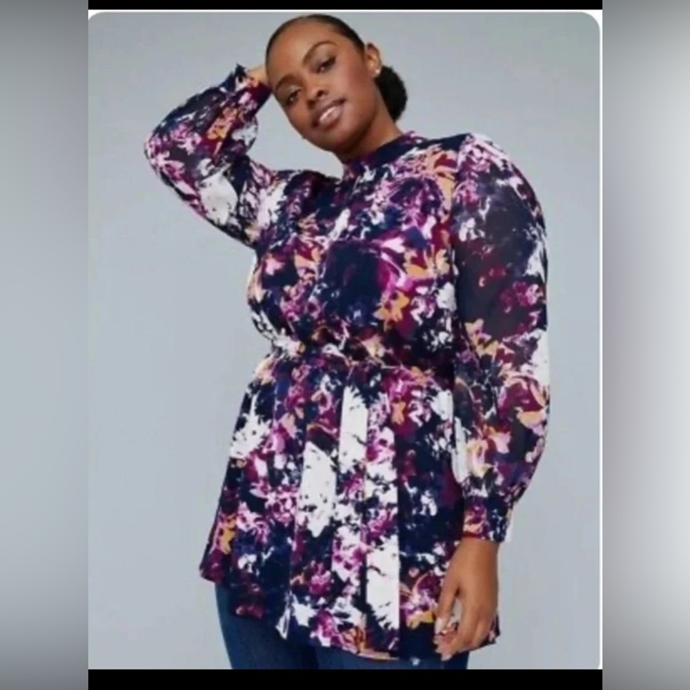 Lane Bryant X Girl With Curves Blue Abstract Floral Print Tunic Top Plus 14 NEW